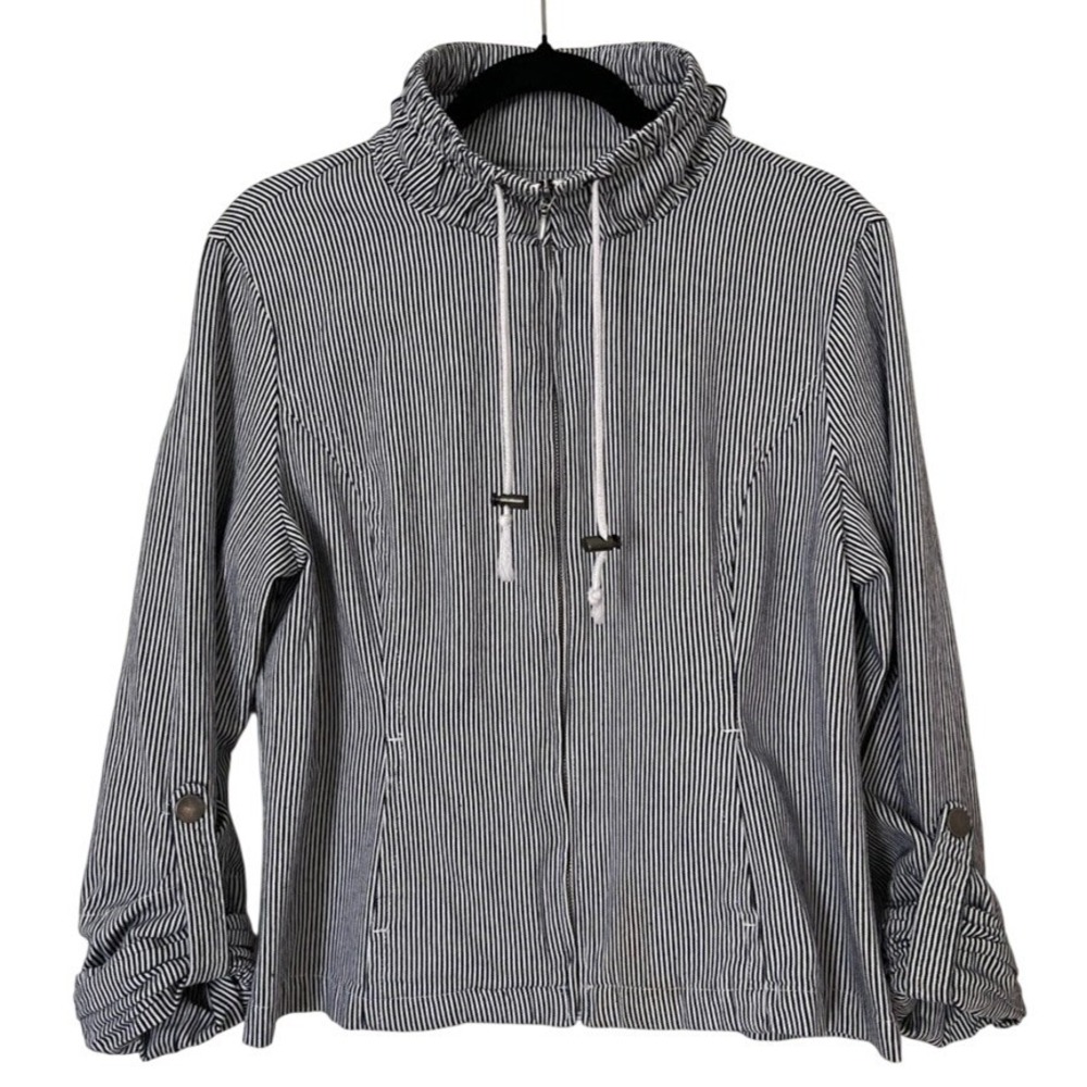 Live A Little Funnel Neck Jacket Womens L Navy White Stripe Ruched Sleeve Anorak